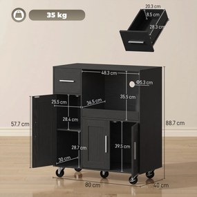 HOMCOM Dulap pentru Microunde din Lemn cu Sertar, 2 Dulapuri, Raft Deschis și Raft Reglabil, 80x40x88,7 cm, Negru | Aosom Romania