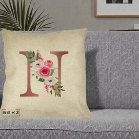 Cadou Personalizat - Perna Personalizata Monograma Rose Gold Litera N, 40x40 cm, Crem, Husa Detasabila, Perna Inclusa, BEKZ®