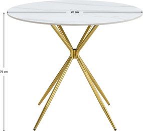 Masă de bucătărie, marmură albă/gold crom aurie, diametru 90 cm, MEKNER