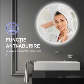 kleankin Oglindă de Baie Rotundă cu Lumină LED în 3 Culori și Întrerupătoare Touch, Ø70x3,5 cm, Transparet | Aosom Romania