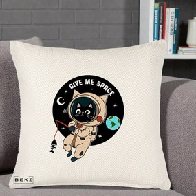 Perna Decorativa Give Me Space Pisica Astronaut, 40x40 cm, Crem Reliefat, Husa Detasabila, Perna Inclusa, BEKZ®