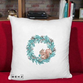 Perna Decorativa Coroana Turcoaz cu Veverita, 40x40 cm, Alb Pufos, Husa Detasabila, Perna Inclusa, BEKZ®