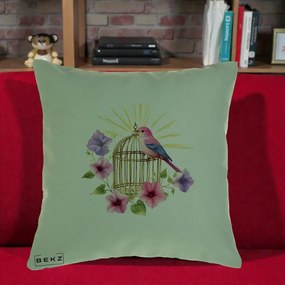 Perna Decorativa Pasare Roz pe Colivie Aurie cu Flori, 40x40 cm, Verde, Husa Detasabila, Perna Inclusa, BEKZ®