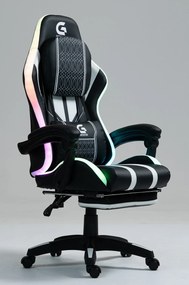 RESIGILAT- Scaun gaming HOFRE, boxe Bluetooth, sistem iluminare bandă LED RGB, masaj în perna lombară, suport picioare, PU, Negru/Alb