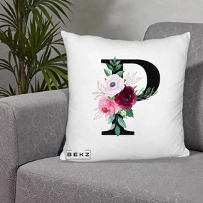 Cadou Personalizat - Perna Personalizata Monograma Florala Litera P, 40x40 cm, Alb Pufos, Husa Detasabila, Perna Inclusa, BEKZ®