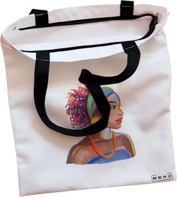 Sacosa de Panza pentru Cumparaturi, Geanta Tote, model Portret Vibrant 4, Cu fermoar, 38x34.5 cm, Alba, BEKZ®