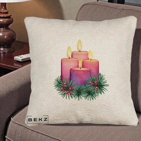 Perna Decorativa Lumanari Advent Roz-Violet, 40x40 cm, Bej Canapea, Husa Detasabila, Perna Inclusa, BEKZ®
