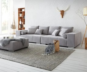 Canapea extensibilă dumonde cu ladă de depozitare si sezut confortabil din spuma high-density, Marbela Enjoy Silver XXL 295x100 cm cu taburet inclus