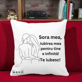 Cadou pentru Sora - Perna Personalizata Sora Mea Te Iubesc Imbratisare din Spate Line Art, 40x40 cm, Alba Mata, Husa Detasabila, Perna Inclusa, BEKZ®