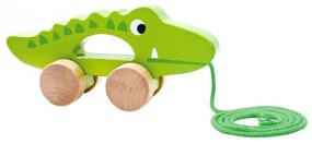 Jucarie educativa de tras din lemn masiv NOVOKIDS™ My first Tiny Crocodile, Cu roti, Motricitate , Cu sfoara de tractare, Materiale Eco, Verde