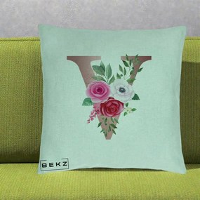 Cadou Personalizat - Perna Personalizata Monograma Rose Gold Litera V, 40x40 cm, Verde Menta, Husa Detasabila, Perna Inclusa, BEKZ®