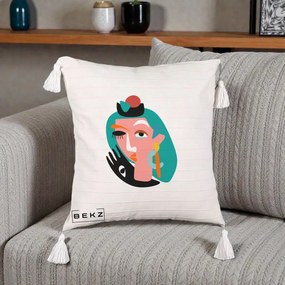 Perna Decorativa Portret Abstract Matisse Turcoaz, 40x40 cm, Bej cu Franjuri, Husa Detasabila, Perna Inclusa, BEKZ®