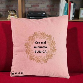 Cadou pentru Bunica - Perna Personalizata Cea Mai Minunata Bunica Coronita Frunze Acuarela, 40x40 cm, Roz, Husa Detasabila, Perna Inclusa, BEKZ®