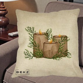 Perna Decorativa Lumanari Rustice cu Crengute Brad, 40x40 cm, Crem, Husa Detasabila, Perna Inclusa, BEKZ®