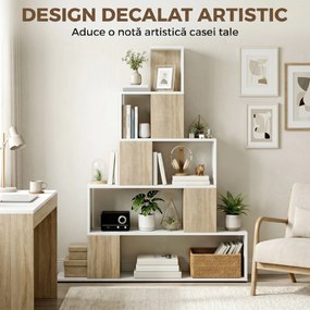 HOMCOM Bibliotecă cu 5 Rafturi Tip Trepte, Alb și Lemn Natural | Aosom Romania