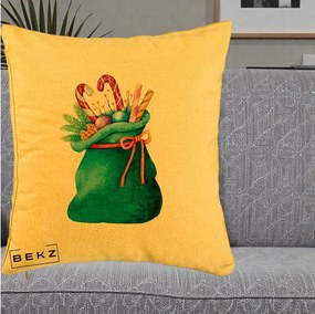 Perna Decorativa Saculet Cadouri Mos Craciun Acuarela Verde, 40x40 cm, Galben, Husa Detasabila, Perna Inclusa, BEKZ®