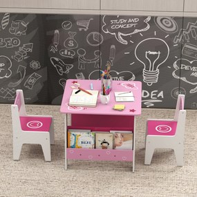 AIYAPLAY Set de masă cu 2 scaune pentru copii 3-8 ani, cu raft în lemn MDF cu motive de inimi, Roz | Aosom Romania