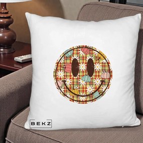 Perna Decorativa Smiley Face de Toamna cu Tartan si Dovlecei, 40x40 cm, Alb Pufos, Husa Detasabila, Perna Inclusa, BEKZ®