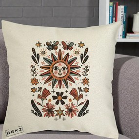 Perna Decorativa Soare Boho Folk Fluturi, 40x40 cm, Ecru, Husa Detasabila, Perna Inclusa, BEKZ®