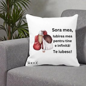 Cadou pentru Sora - Perna Personalizata Sora Mea Te Iubesc Doua Fete Iarna Acuarela, 40x40 cm, Alba Mata, Husa Detasabila, Perna Inclusa, BEKZ®