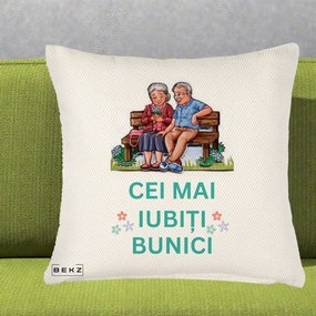 Cadou pentru Bunici - Perna Personalizata Cei Mai Iubiti Bunici Cuplu pe Banca Ilustratie, 40x40 cm, Crem Reliefat, Husa Detasabila, Perna Inclusa, BEKZ®