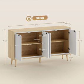 HOMCOM Bufet Modern cu 4 Uși și Raft Reglabil 141x35x77cm Alb și Stejar | Aosom Romania