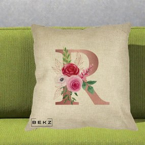 Cadou Personalizat - Perna Personalizata Monograma Rose Gold Litera R, 40x40 cm, Crem, Husa Detasabila, Perna Inclusa, BEKZ®