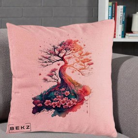 Perna Decorativa Copac Sakura Acuarela Fantasy, 40x40 cm, Roz, Husa Detasabila, Perna Inclusa, BEKZ®