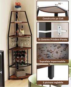 RVI5 - Rafturi Vin pentru colt, 42 cm, depozitare vin, raft stil industrial, bucatarie, living, dining - Negru - Maro