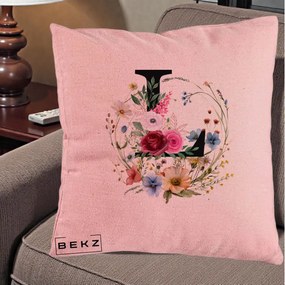 Cadou Personalizat - Perna Personalizata Monogram Litera L cu Flori Acuarela, 40x40 cm, Roz, Husa Detasabila, Perna Inclusa, BEKZ®