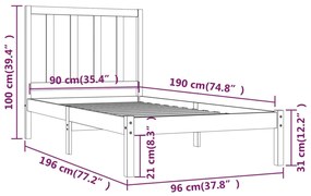 Cadru de pat Single 3FT, negru, 90x190 cm, lemn masiv de pin Negru, 90 x 190 cm