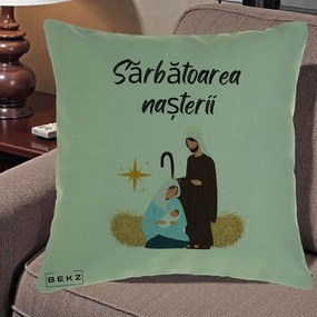 Perna Decorativa Nasterea Domnului Sfanta Familie Sarbatoarea Nasterii, 40x40 cm, Verde, Husa Detasabila, Perna Inclusa, BEKZ®