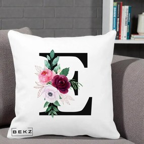 Cadou Personalizat - Perna Personalizata Monograma Florala Litera E, 40x40 cm, Alba Mata, Husa Detasabila, Perna Inclusa, BEKZ®