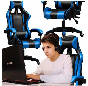 Scaun de gaming confortabil cu pernă în negru și albastru