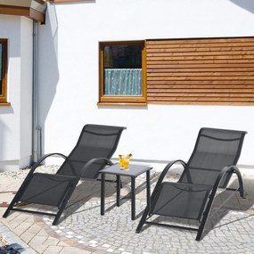 Outsunny Set 2 sezlonguri si masuta cu blat din sticla, sezlong pentru gradina din material respirabil si metal, 59x169x66 cm, negru