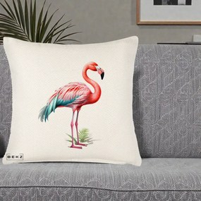 Perna Decorativa Flamingo Roz cu Pene Teal, 40x40 cm, Crem Reliefat, Husa Detasabila, Perna Inclusa, BEKZ®