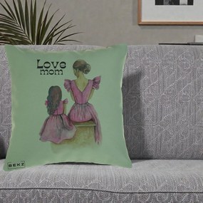 Cadou pentru Mama - Perna Personalizata Love Mom Rochii Roz, 40x40 cm, Verde, Husa Detasabila, Perna Inclusa, BEKZ®