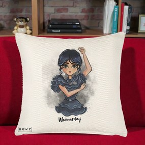 Perna Personalizata Wednesday Addams Dancing Queen, 40x40 cm, Crem Reliefat, Husa Detasabila, Perna Inclusa, BEKZ®