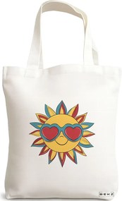 Sacosa de Panza pentru Cumparaturi, Geanta Tote, model Sun faces 9 38 x 34.5 cm, Alba, BEKZ®