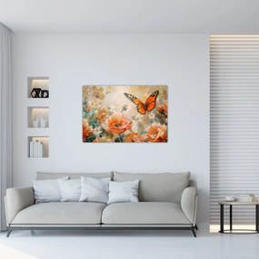 Tablou - Fluture și flori, pictură în ulei (90x60 cm)