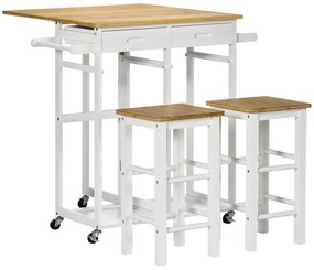 HOMCOM Set masă de bar pliabilă cu roți + 2 taburete alb și lemn deschis - 2 sertare și suport pentru prosop | Aosom Romania