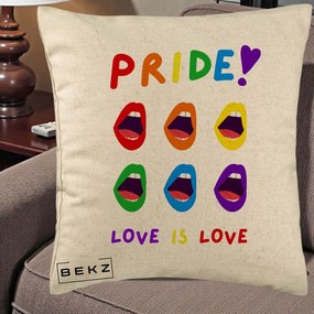 Perna Personalizata Pride Love is Love Curcubeu, 40x40 cm, Bej, Husa Detasabila, Perna Inclusa, BEKZ®