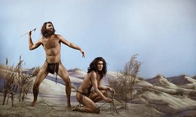 Ilustrație Prehistoric man next to  woman kneeling, Rebecca Handler