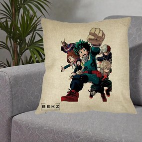 Perna Personalizata My Hero Academia Izuku Deku si Echipa, 40x40 cm, Crem, Husa Detasabila, Perna Inclusa, BEKZ®