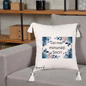 Cadou pentru Socri - Perna Personalizata Cei mai Minunati Socri cu Flori Albastre si Roz, 40x40 cm, Bej cu Franjuri, Husa Detasabila, Perna Inclusa, BEKZ®