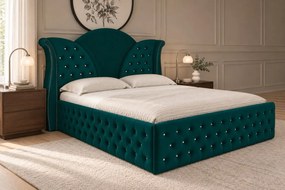 Pat tapițat Chesterfield din catifea Velora Deluxe 140×200 cm, verde, cu ladă de depozitare
