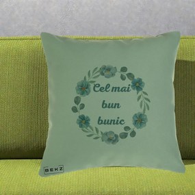 Cadou pentru Bunic - Perna Personalizata Cel Mai Bun Bunic Coronita Flori Albastre Teal, 40x40 cm, Verde, Husa Detasabila, Perna Inclusa, BEKZ®