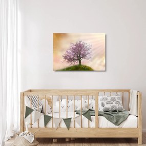 Tablou pe sticlă - Copacul înflorit în deal (70x50 cm)