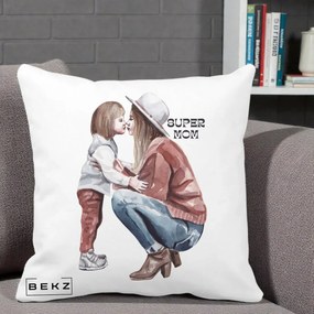 Cadou pentru Mama - Perna Personalizata Super Mom Acuarela, 40x40 cm, Alba Mata, Husa Detasabila, Perna Inclusa, BEKZ®