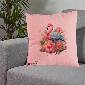 Perna Decorativa Flamingo cu Hibiscus Tropical, 40x40 cm, Roz, Husa Detasabila, Perna Inclusa, BEKZ®